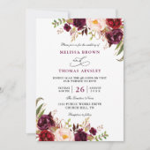 Invitation Mariage chic floral rouge Bourgogne à budget Code  (Devant)