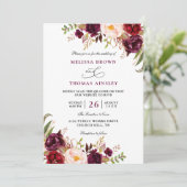 Invitation Mariage chic floral rouge Bourgogne à budget Code  (Debout devant)