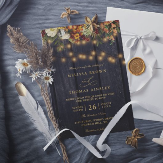 Invitation Mariage chic floral rustique avec code QR en bois