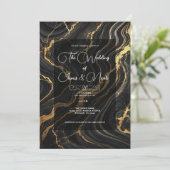 Invitation Mariage Chic Glamour Noir Aspect Marbre Doré  (Debout devant)