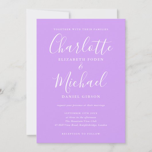 Invitation Mariage Chic Lavande Lilas à Script de Signature (Devant)