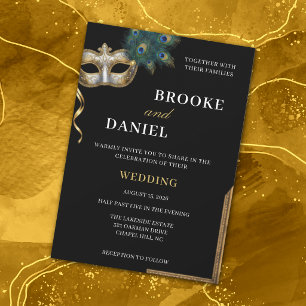 Invitation Mariage chic masqué Paon Or et Noir