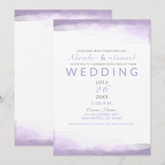 Invitation Mariage Chic Moderne à l'Aquarelle Lavande Violet (Devant / Derrière)