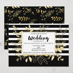 Invitation Mariage chic moderne botanique noir et or