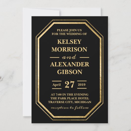 Invitation Mariage chic moderne Elegant Black Gold Glam (Devant)