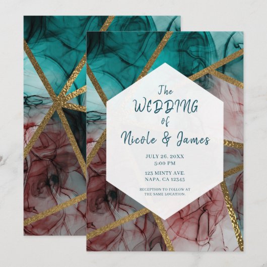 Invitation Mariage Chic Moderne Glam Rust Blush Sarcelle & Or (Devant / Derrière)