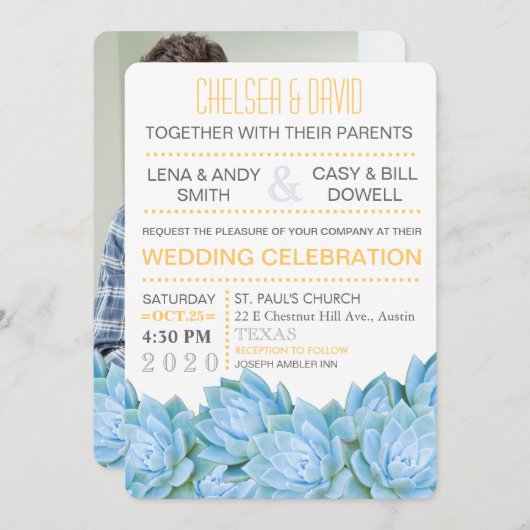 Invitation Mariage chic moderne succulent bleu et jaune (Devant / Derrière)