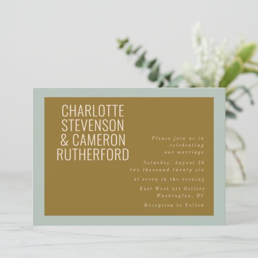 Invitation Mariage chic moderne typographie bleu et olive (Debout devant)