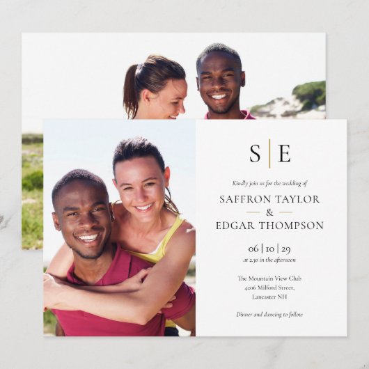 Invitation Mariage Chic Monogramme Noir Et Or 2 Photos (Devant / Derrière)