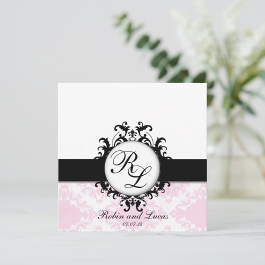 Invitation Mariage Chic Monograms Inviter Blanc Rose Damask (Debout devant)