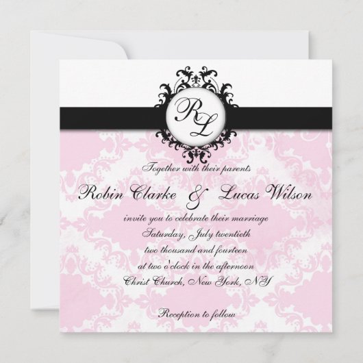 Invitation Mariage Chic Monograms Inviter Blanc Rose Damask (Dos)
