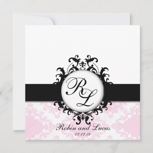 Invitation Mariage Chic Monograms Inviter Blanc Rose Damask (Devant)