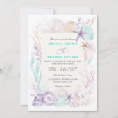 Invitation Mariage chic océan turquoise lavande avec code QR (Devant)