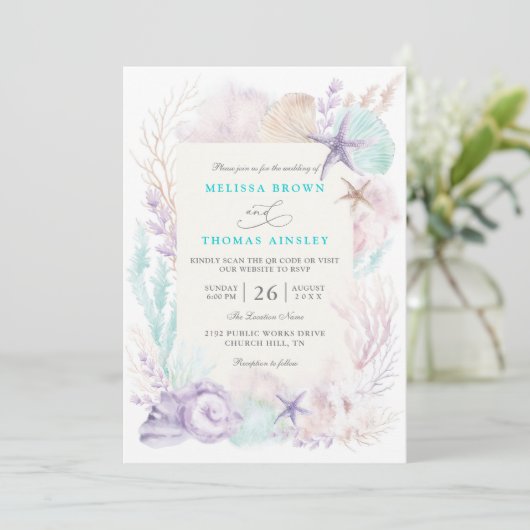 Invitation Mariage chic océan turquoise lavande avec code QR (Debout devant)