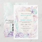 Invitation Mariage chic océan turquoise lavande avec code QR (Devant / Derrière)