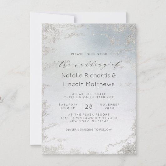 Invitation Mariage chic Ombre Dusty Blue Frosted Silver Foil (Devant)