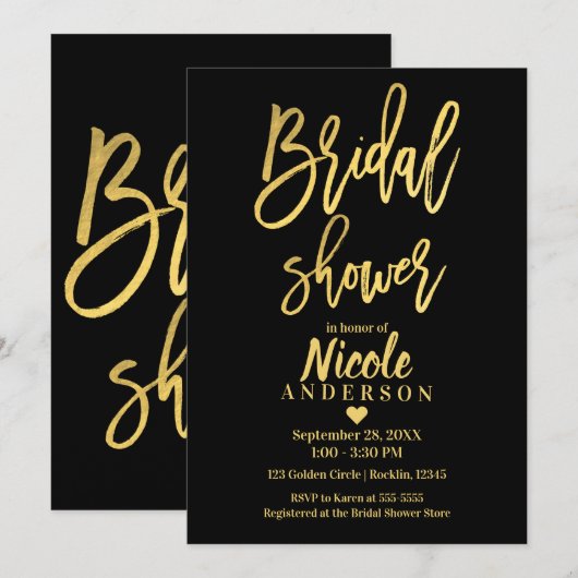 Invitation Mariage Chic Or Feuille Noir Écriture Moderne (Devant / Derrière)