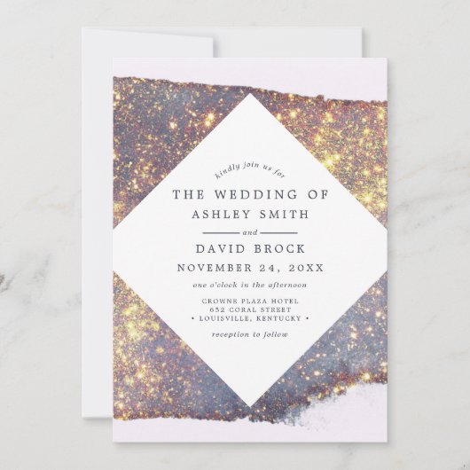 Invitation Mariage Chic Pailleté Or Violet Iridescent (Devant)