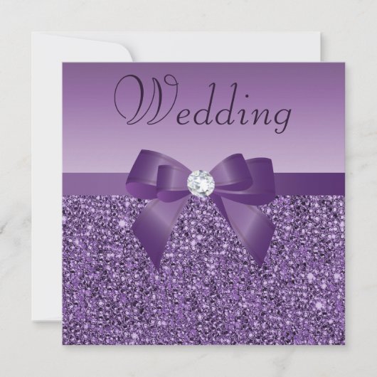 Invitation Mariage Chic Purple Imprimé Séquins Bow & Diamond (Devant)