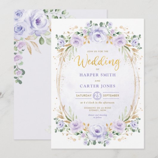 Invitation Mariage Chic Purple Lilac Gold Floral Garden (Devant / Derrière)