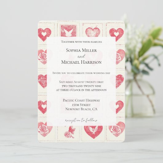Invitation Mariage Chic Red Cream Hearts (Debout devant)
