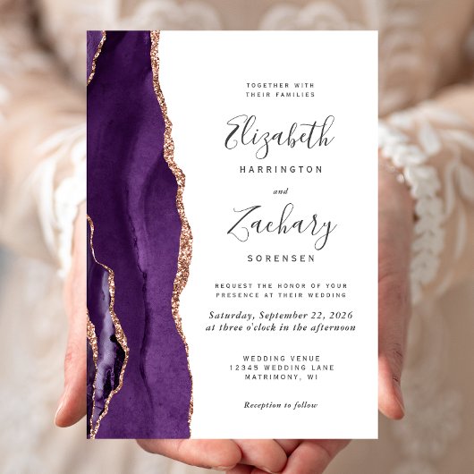 Invitation Mariage Chic Rose Gold et Agate Violette