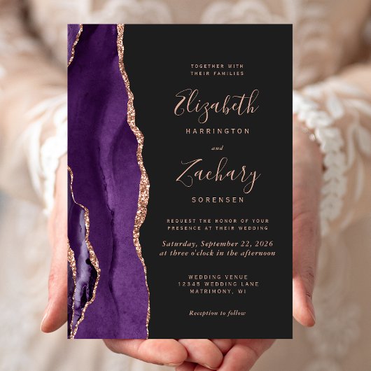 Invitation Mariage Chic Rose Gold Violet Agate Foncé