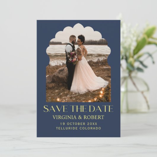 Invitation Mariage chic royal bleu marine save the date photo (Debout devant)