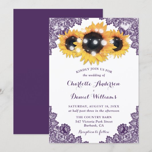 Invitation Mariage Chic Rustique Tournesol en Dentelle Violet (Devant / Derrière)