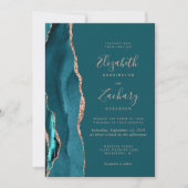 Invitation Mariage chic sarcelle or rose agate code QR (Devant)