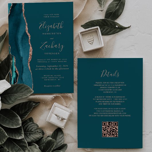 Invitation Mariage chic sarcelle or rose agate code QR