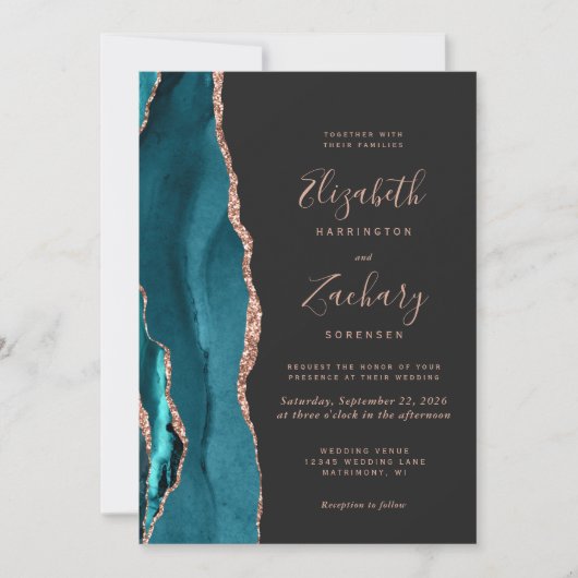 Invitation Mariage chic sarcelle or rose agate foncé (Devant)
