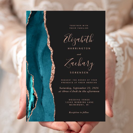 Invitation Mariage chic sarcelle or rose agate foncé