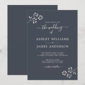 Invitation Mariage Chic Script Ivory Foliage Bleu Foncé (Devant / Derrière)
