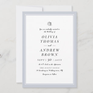 Invitation Mariage chic Silver Floral bleu poussiéreux minima
