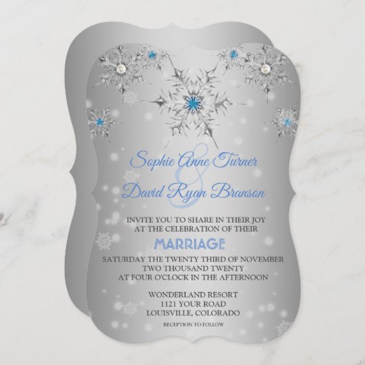 Invitation Mariage Chic Silver Snowflakes Crystal Blue Pearls (Devant / Derrière)