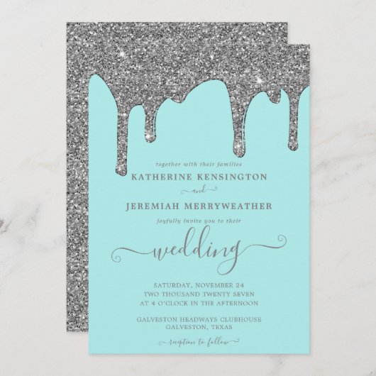 Invitation Mariage chic Turquoise et Parties scintillant arge (Devant / Derrière)
