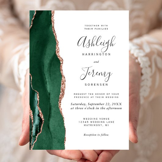 Invitation Mariage chic vert émeraude et or rose agate