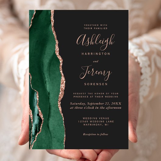 Invitation Mariage chic vert émeraude or rose agate foncé