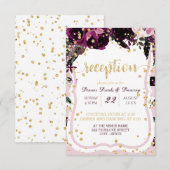 Invitation Mariage chic violet floral confetti dorés réceptio (Devant / Derrière)