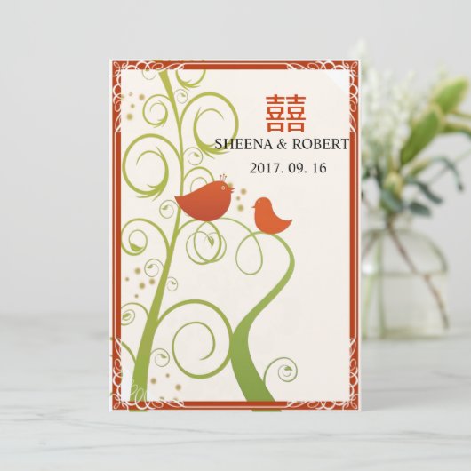 Invitation Mariage chinois aux Inséparables sur les arbres à (Debout devant)