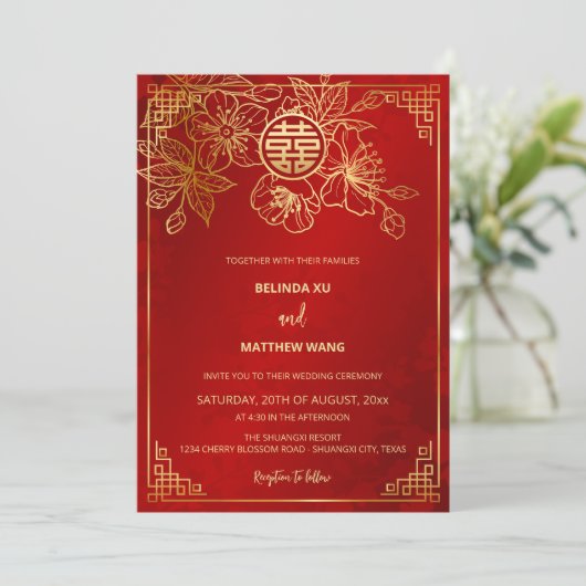 Invitation MARIAGE chinois BILINGUAL Red Gold (Debout devant)