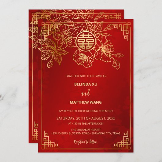 Invitation MARIAGE chinois BILINGUAL Red Gold (Devant / Derrière)