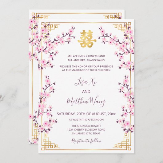 Invitation MARIAGE chinois blanc rose BILINGUAL Gold Frame (Devant / Derrière)