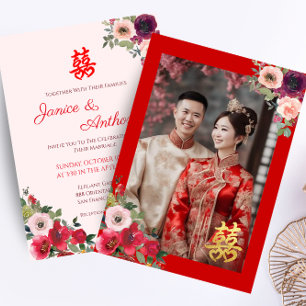 Invitation mariage chinois couple photo jardin floral rouge