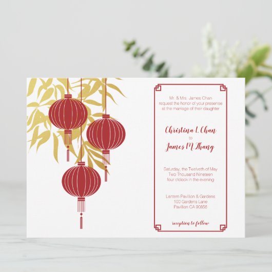 Invitation Mariage chinois de bambou rouge (Debout devant)
