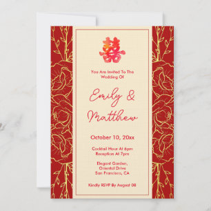 Invitation Mariage chinois double bonheur floral rouge