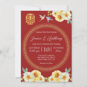 Invitation Mariage chinois élégant oiseau floral jaune rouge