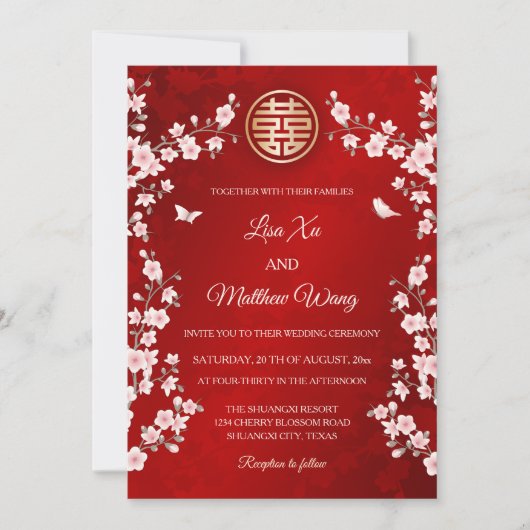Invitation Mariage chinois en fleurs de cerisier rose poussié (Devant)