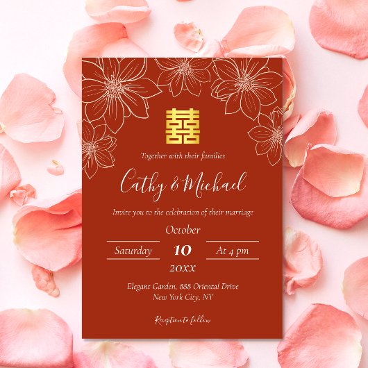 Invitation Mariage chinois floral en terre cuite rouge boho